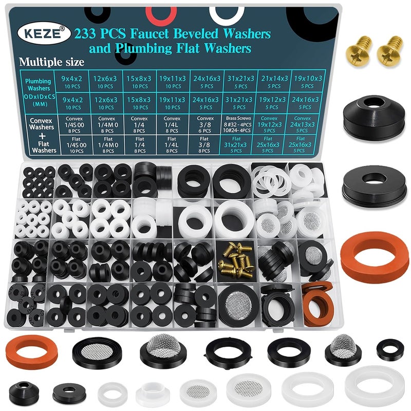 Keze 233 Pcs Plumbing and Faucet Washers Assortment Kit for Assorted Spigot Water Hose Bib Outside Garden Faucet Splitter Gasket Leak Plumbes Valve Stem Worn Out Repair - Image 1